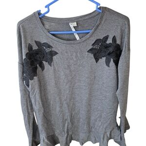 LC Lauren Conrad Heather Gray Long Sleeve Top with Black Floral Accents